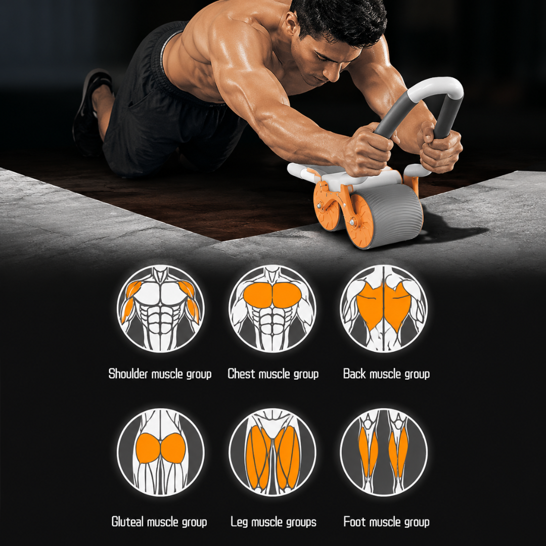 ABS Roller Wheel Workout – Automatic Rebound Core Strength Trainer – Targets Abs, Strengthens Core, Burns Fat, Non-Slip Handles, Durable & Stable – Includes Knee Pad & Digital Timer