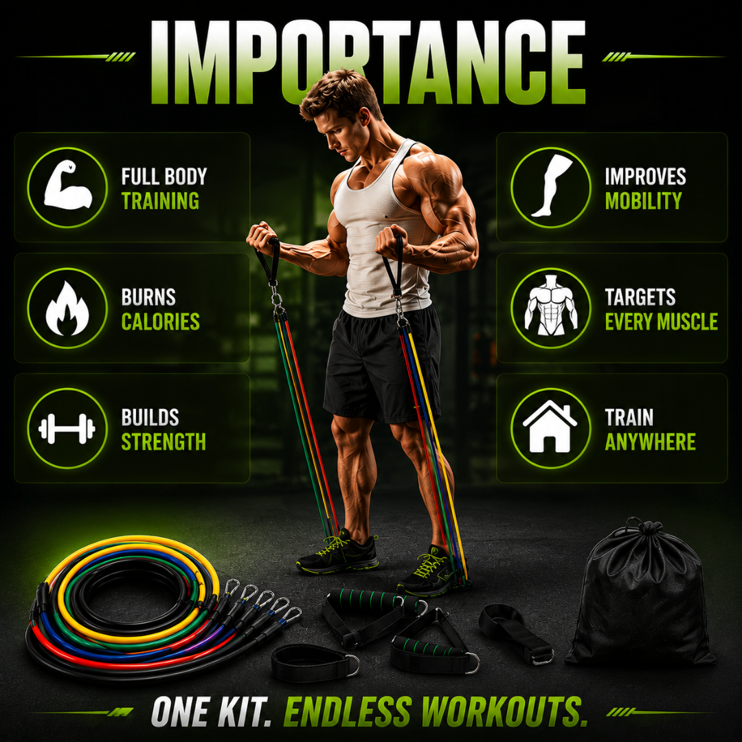 11 Pcs Complete Resistance Bands Set – Full Body Training Kit – Build Muscle, Burn Calories & Train Anywhere - Includes Bands, Foam Handles, Ankle Straps, Door Anchor & Carry Bag – For Home Gym, Travel & All Fitness Levels
