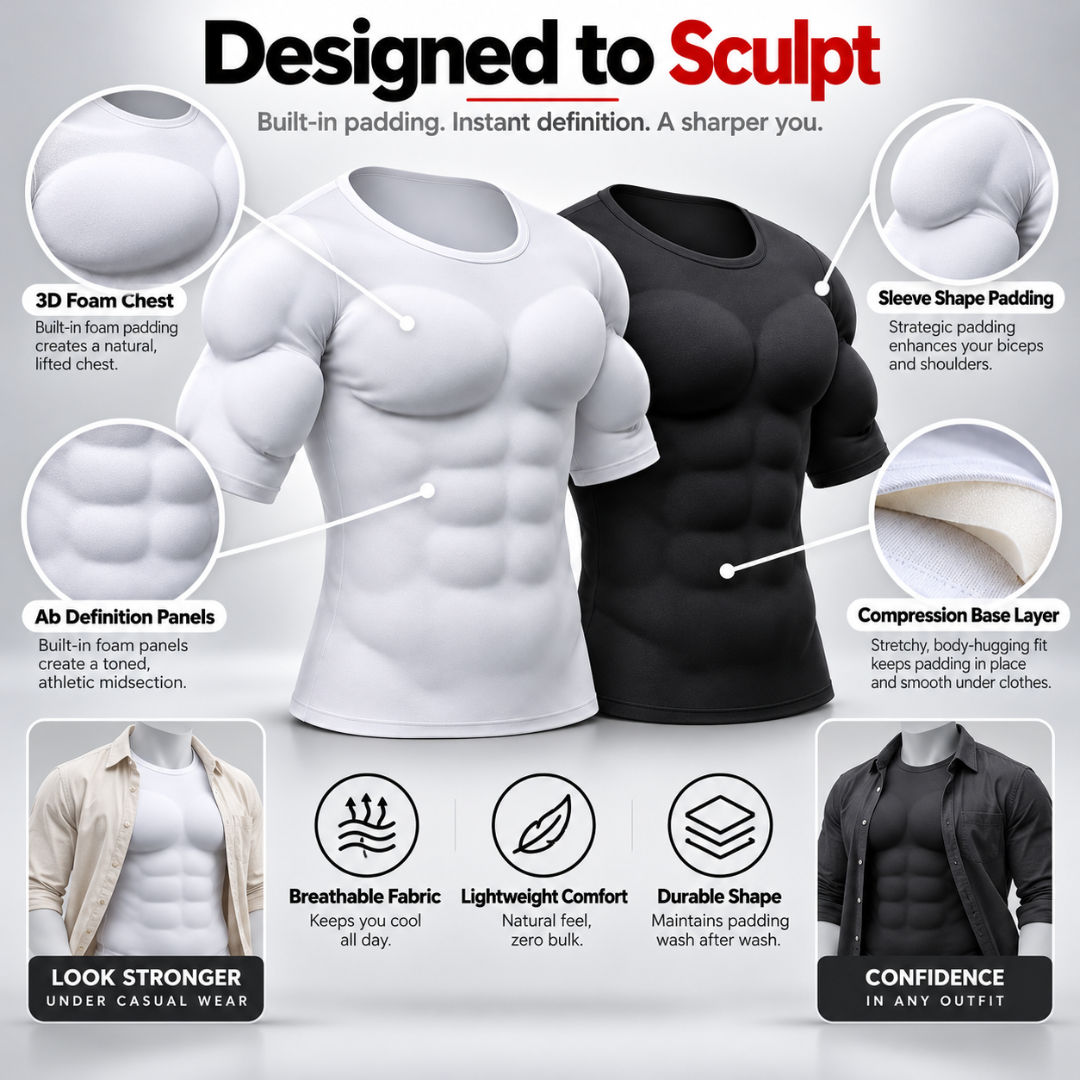 Men's Padded Muscle Shirt – Instant 3D Chest, Abs & Arm Definition, Built-in Foam Padding Body Shaper for a Flatter Midsection
