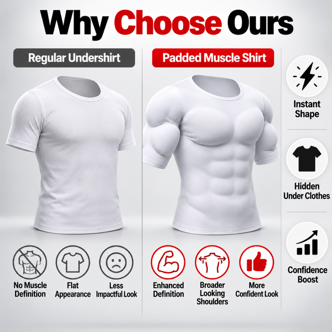 Men's Padded Muscle Shirt – Instant 3D Chest, Abs & Arm Definition, Built-in Foam Padding Body Shaper for a Flatter Midsection