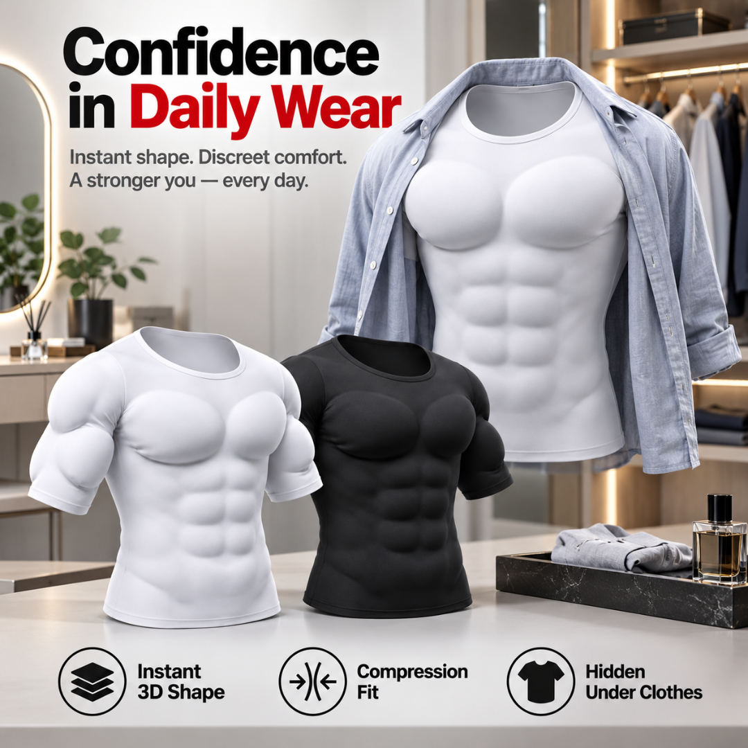 Men's Padded Muscle Shirt – Instant 3D Chest, Abs & Arm Definition, Built-in Foam Padding Body Shaper for a Flatter Midsection