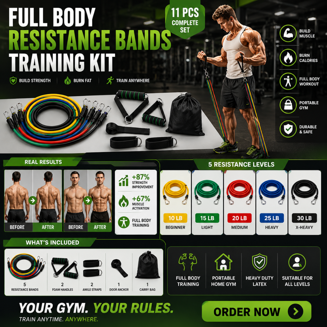 11 Pcs Complete Resistance Bands Set – Full Body Training Kit – Build Muscle, Burn Calories & Train Anywhere - Includes Bands, Foam Handles, Ankle Straps, Door Anchor & Carry Bag – For Home Gym, Travel & All Fitness Levels