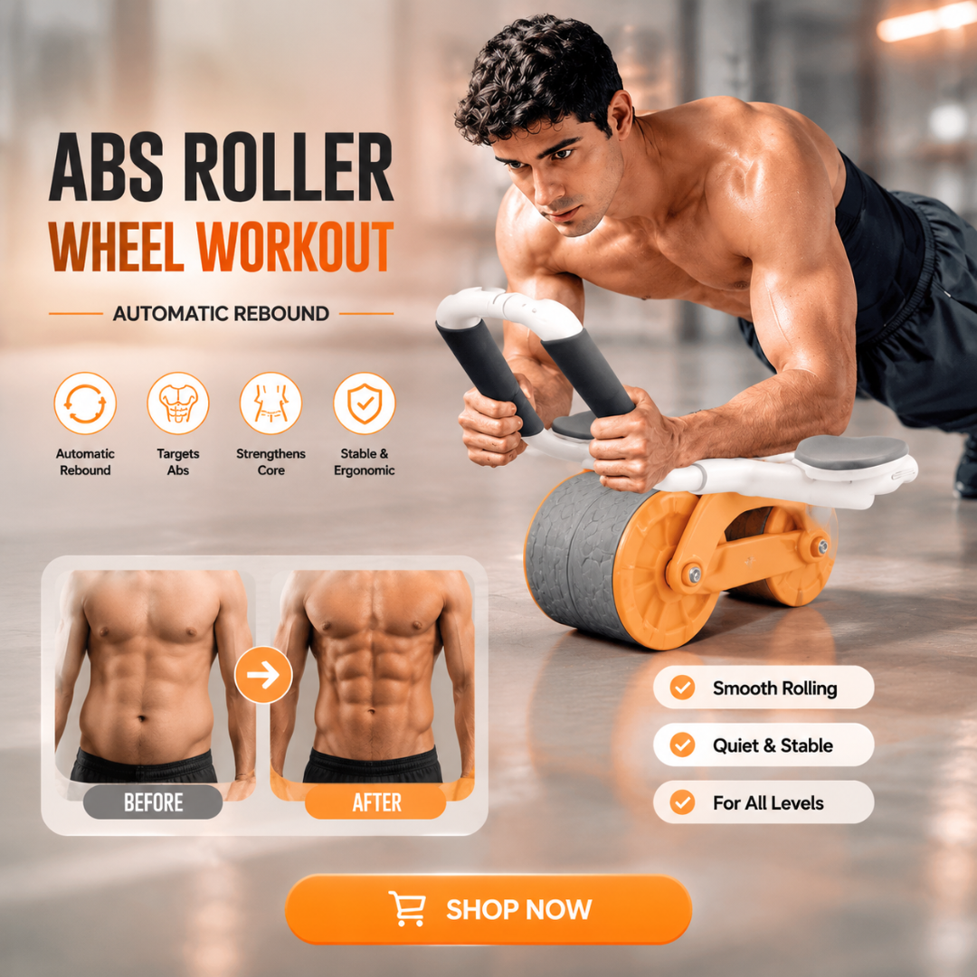 ABS Roller Wheel Workout – Automatic Rebound Core Strength Trainer – Targets Abs, Strengthens Core, Burns Fat, Non-Slip Handles, Durable & Stable – Includes Knee Pad & Digital Timer