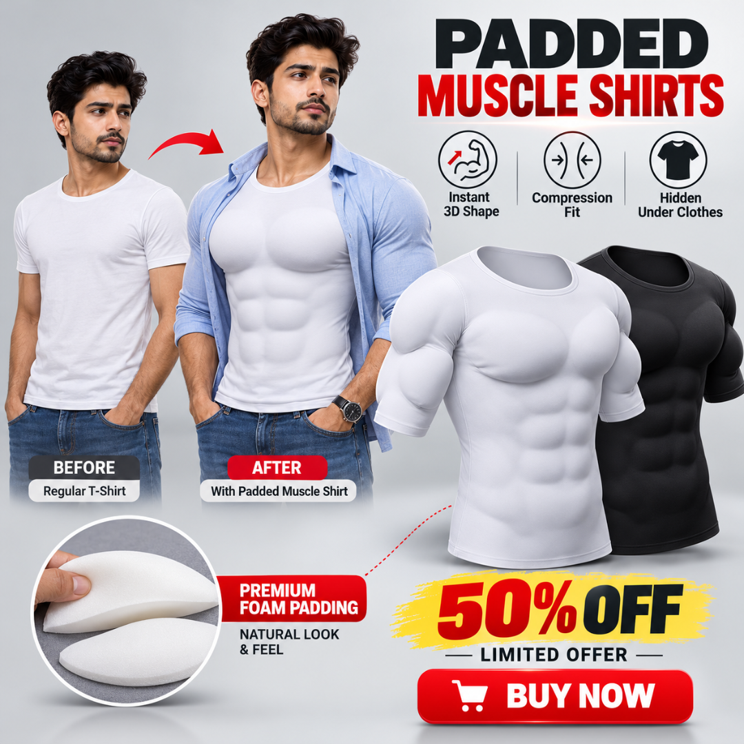 Men's Padded Muscle Shirt – Instant 3D Chest, Abs & Arm Definition, Built-in Foam Padding Body Shaper for a Flatter Midsection