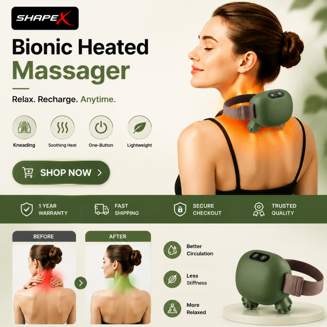 SHAPE X Bionic Heated Massager – Neck & Shoulder Massage Pillow – Real-Hand Kneading, Soothing Heat (40-45°C), 3 Modes – Cordless, Rechargeable, Lightweight – Relieves Stiffness, Tension & Fatigue