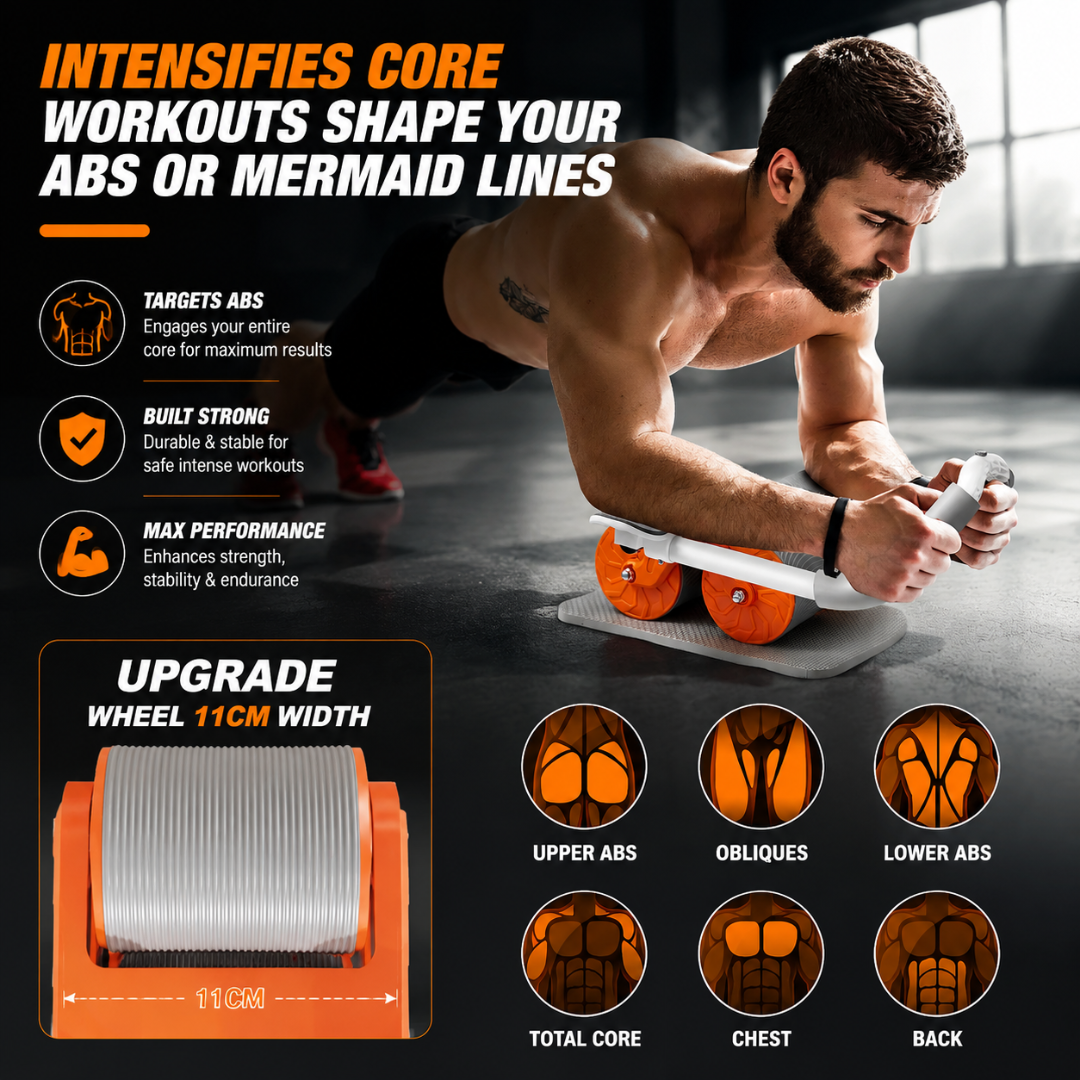 ABS Roller Wheel Workout – Automatic Rebound Core Strength Trainer – Targets Abs, Strengthens Core, Burns Fat, Non-Slip Handles, Durable & Stable – Includes Knee Pad & Digital Timer