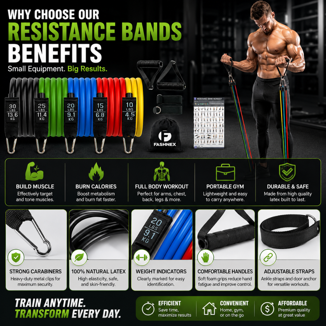 11 Pcs Complete Resistance Bands Set – Full Body Training Kit – Build Muscle, Burn Calories & Train Anywhere - Includes Bands, Foam Handles, Ankle Straps, Door Anchor & Carry Bag – For Home Gym, Travel & All Fitness Levels