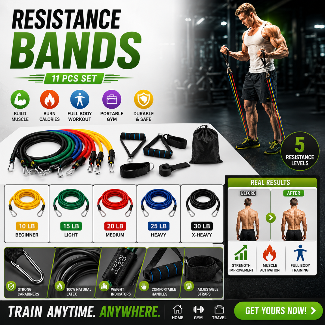 11 Pcs Complete Resistance Bands Set – Full Body Training Kit – Build Muscle, Burn Calories & Train Anywhere - Includes Bands, Foam Handles, Ankle Straps, Door Anchor & Carry Bag – For Home Gym, Travel & All Fitness Levels