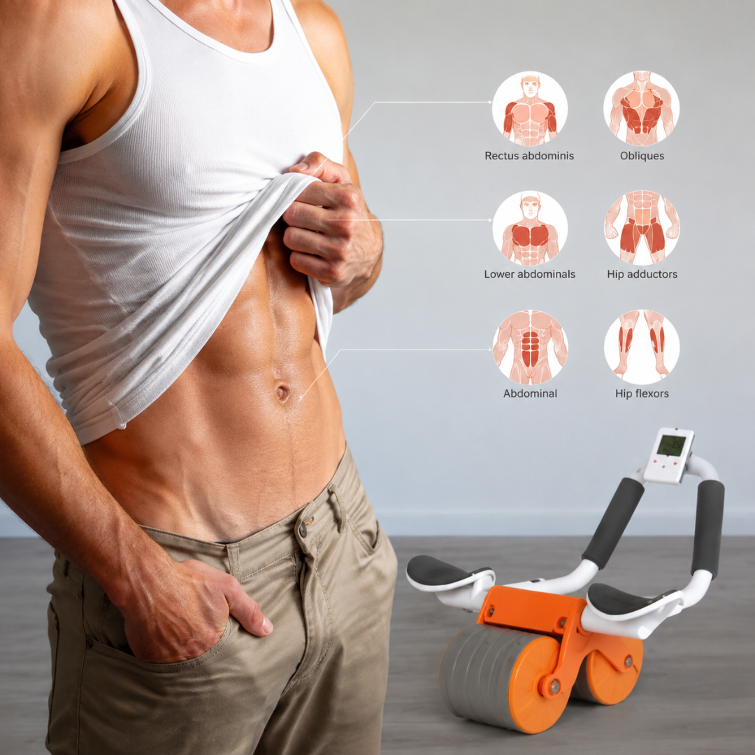 ABS Roller Wheel Workout – Automatic Rebound Core Strength Trainer – Targets Abs, Strengthens Core, Burns Fat, Non-Slip Handles, Durable & Stable – Includes Knee Pad & Digital Timer