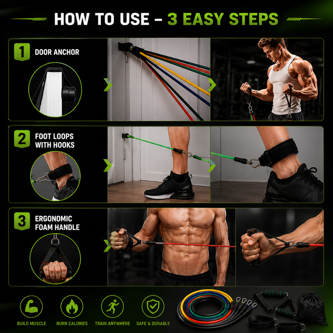 11 Pcs Complete Resistance Bands Set – Full Body Training Kit – Build Muscle, Burn Calories & Train Anywhere - Includes Bands, Foam Handles, Ankle Straps, Door Anchor & Carry Bag – For Home Gym, Travel & All Fitness Levels