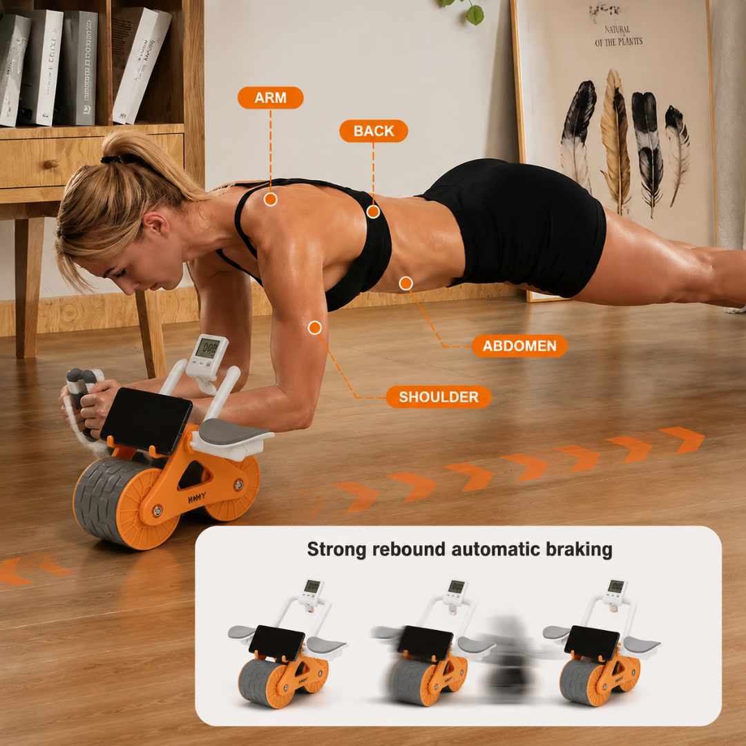 ABS Roller Wheel Workout – Automatic Rebound Core Strength Trainer – Targets Abs, Strengthens Core, Burns Fat, Non-Slip Handles, Durable & Stable – Includes Knee Pad & Digital Timer