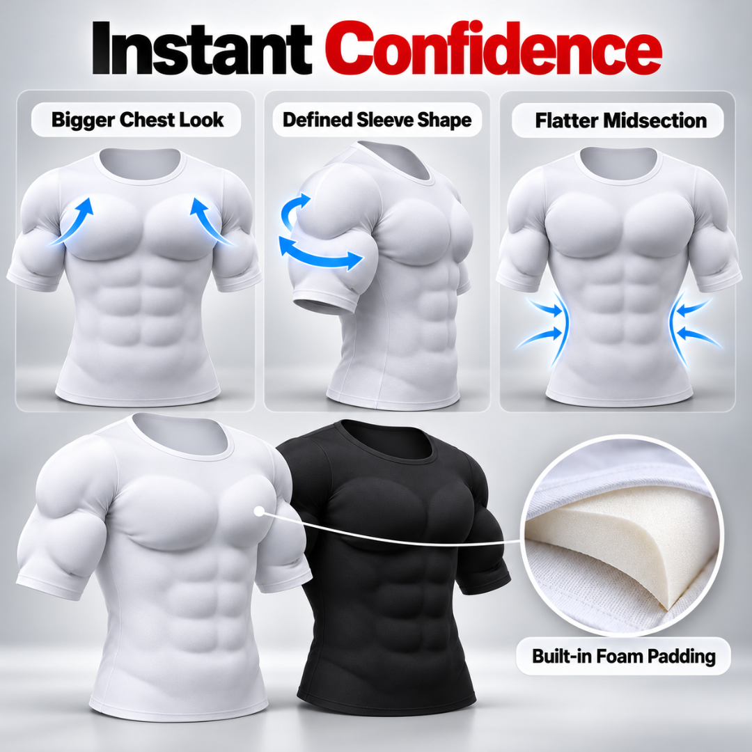 Men's Padded Muscle Shirt – Instant 3D Chest, Abs & Arm Definition, Built-in Foam Padding Body Shaper for a Flatter Midsection