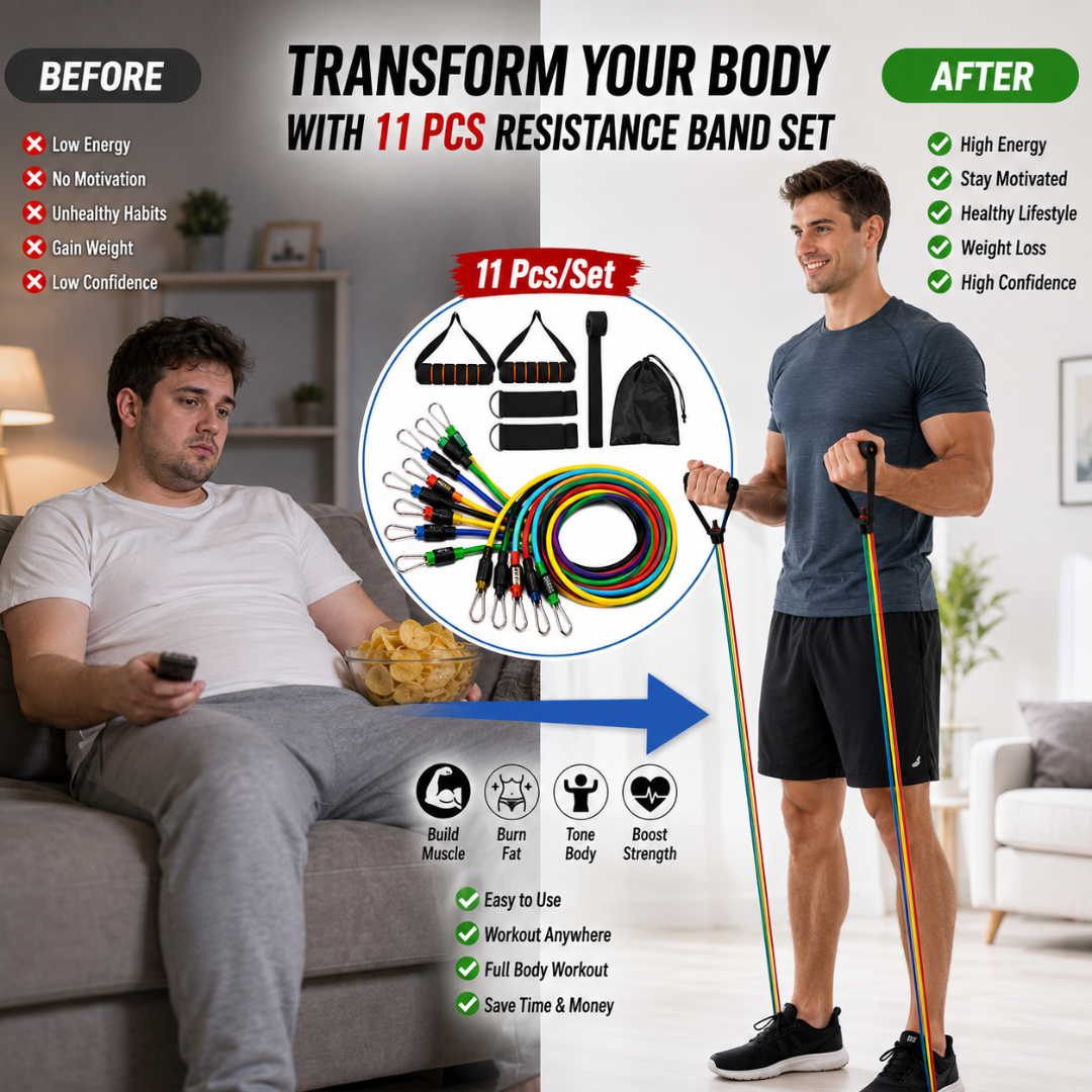 11 Pcs Complete Resistance Bands Set – Full Body Training Kit – Build Muscle, Burn Calories & Train Anywhere - Includes Bands, Foam Handles, Ankle Straps, Door Anchor & Carry Bag – For Home Gym, Travel & All Fitness Levels