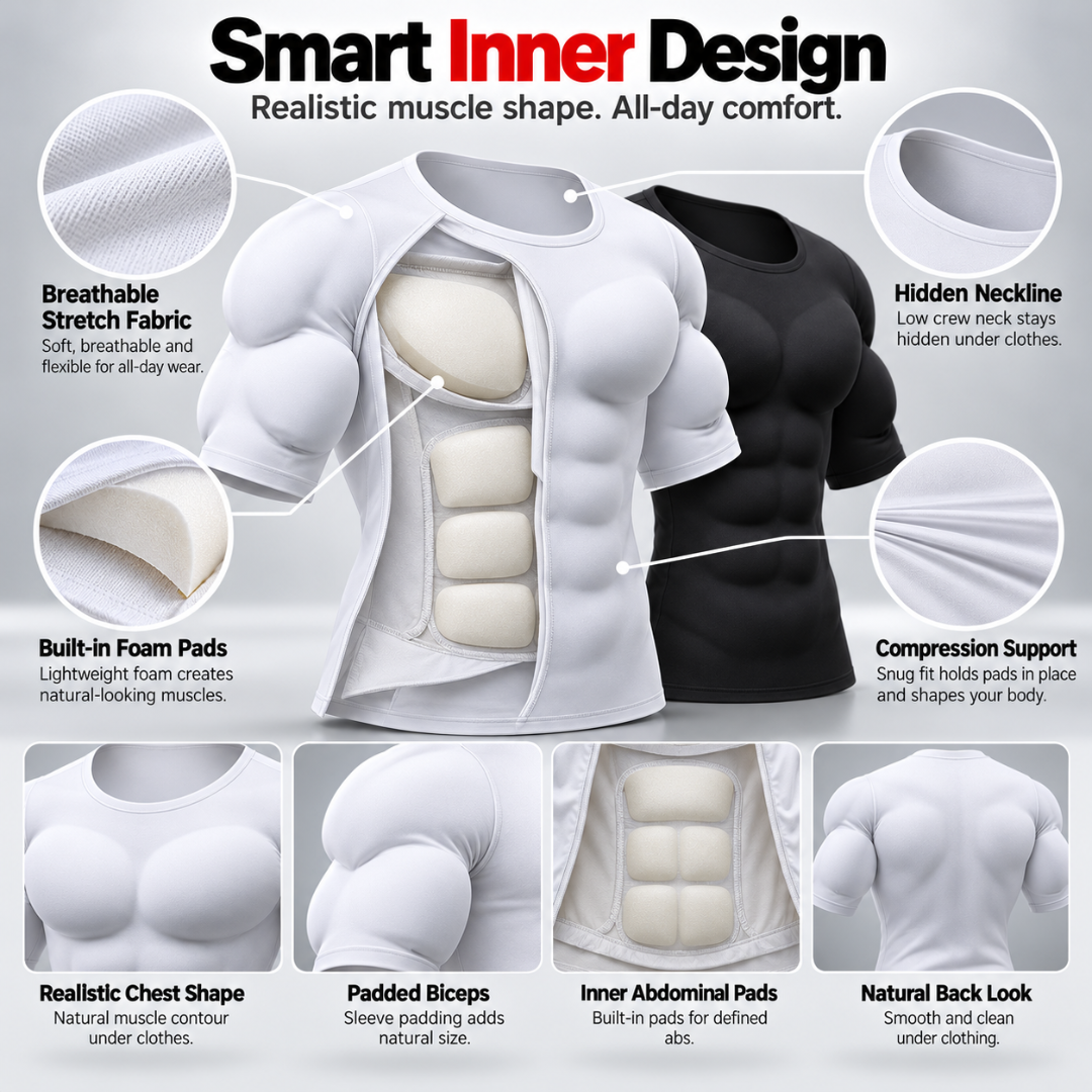 Men's Padded Muscle Shirt – Instant 3D Chest, Abs & Arm Definition, Built-in Foam Padding Body Shaper for a Flatter Midsection