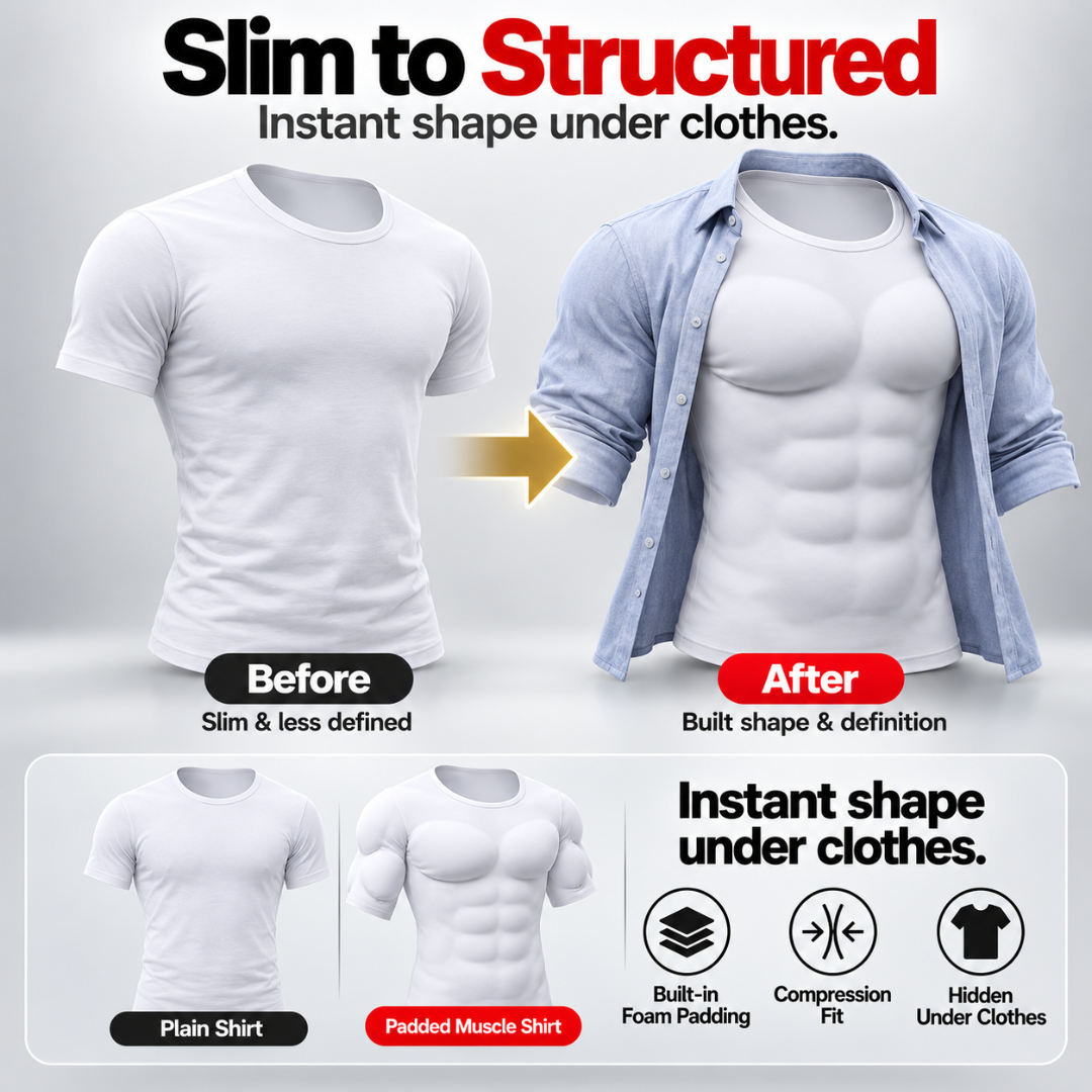 Men's Padded Muscle Shirt – Instant 3D Chest, Abs & Arm Definition, Built-in Foam Padding Body Shaper for a Flatter Midsection
