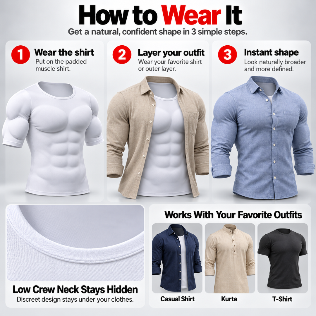 Men's Padded Muscle Shirt – Instant 3D Chest, Abs & Arm Definition, Built-in Foam Padding Body Shaper for a Flatter Midsection