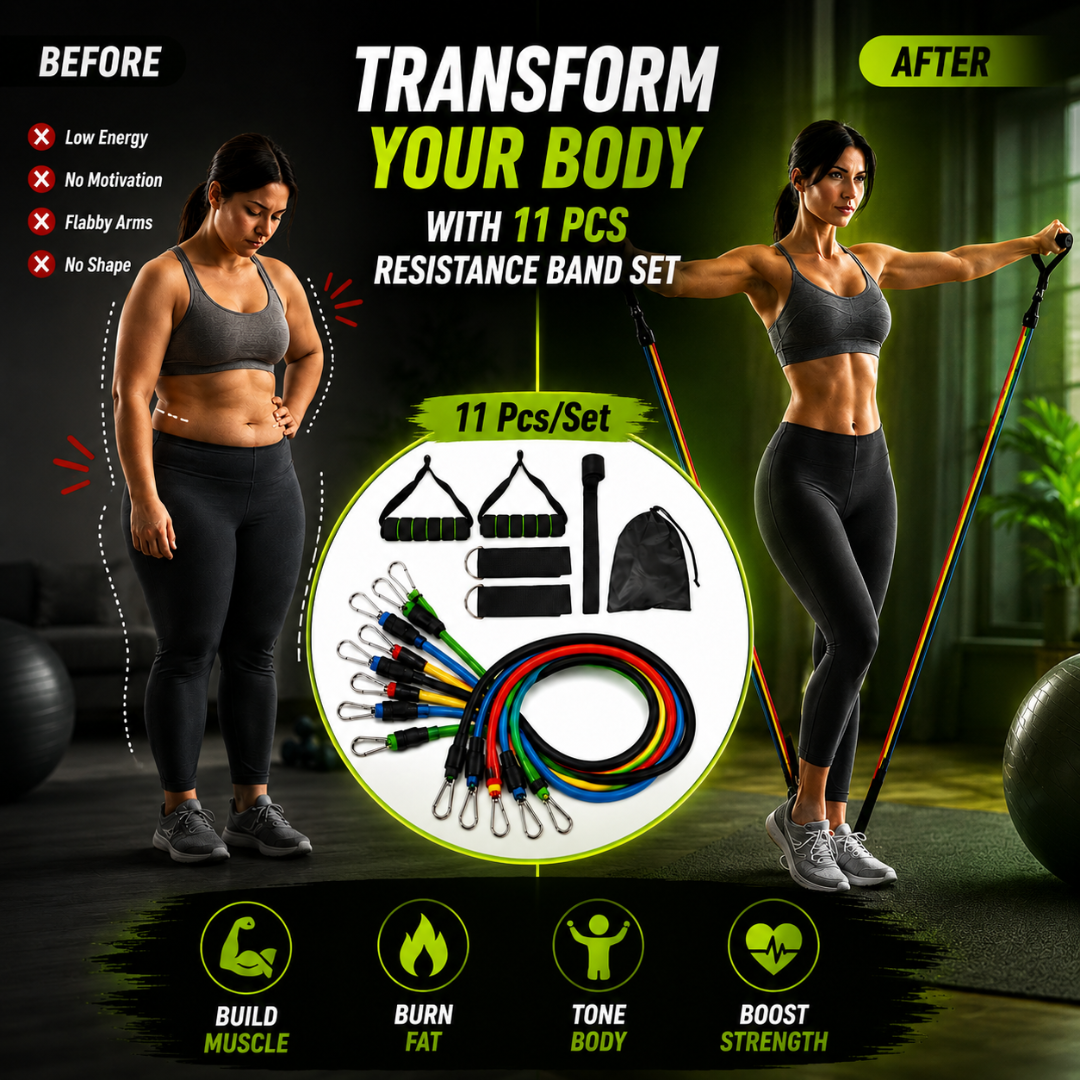 11 Pcs Complete Resistance Bands Set – Full Body Training Kit – Build Muscle, Burn Calories & Train Anywhere - Includes Bands, Foam Handles, Ankle Straps, Door Anchor & Carry Bag – For Home Gym, Travel & All Fitness Levels