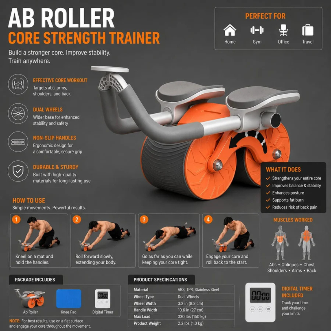 ABS Roller Wheel Workout – Automatic Rebound Core Strength Trainer – Targets Abs, Strengthens Core, Burns Fat, Non-Slip Handles, Durable & Stable – Includes Knee Pad & Digital Timer