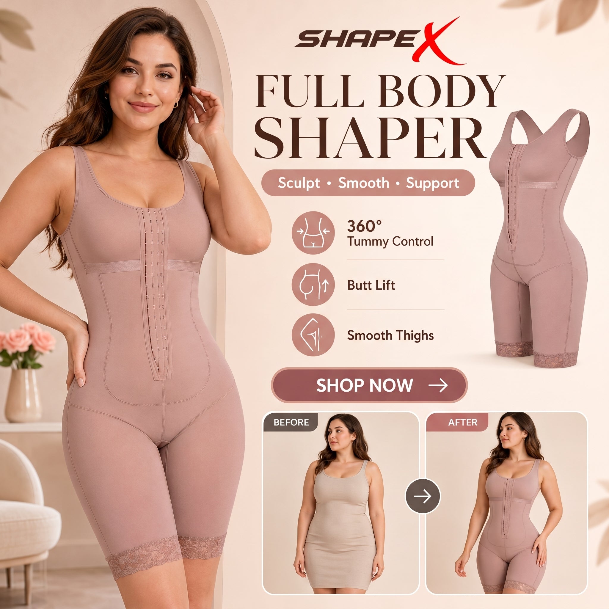 SHAPE X Full Body Shaper – 360° Tummy Control, Butt Lift & Thigh Slimmer – Sculpt, Smooth & Support – Breathable, Anti-Slip, Double Layer Compression – Instant Silhouette Transformation – For Posture Support & All-Day Confidence