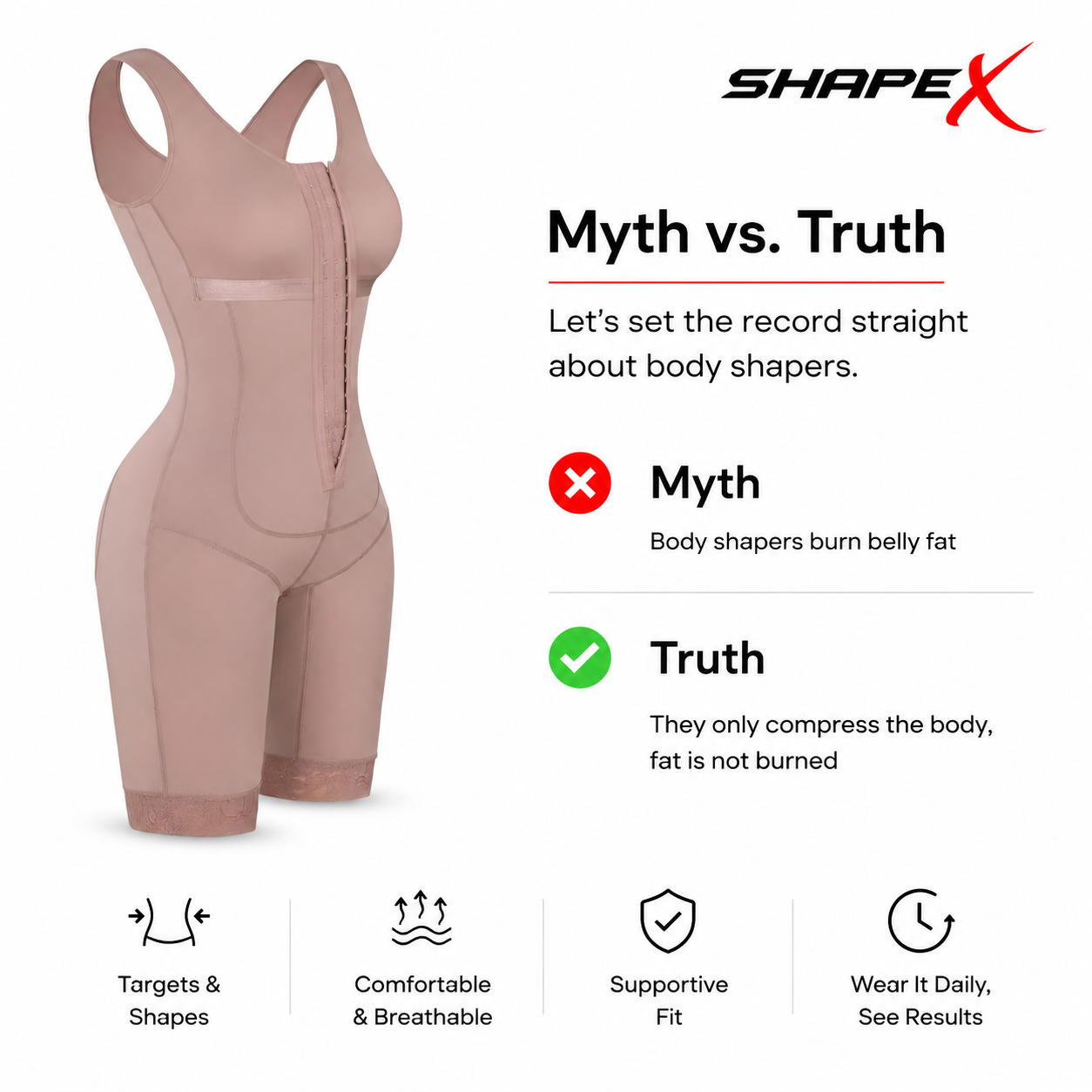 SHAPE X Full Body Shaper – 360° Tummy Control, Butt Lift & Thigh Slimmer – Sculpt, Smooth & Support – Breathable, Anti-Slip, Double Layer Compression – Instant Silhouette Transformation – For Posture Support & All-Day Confidence